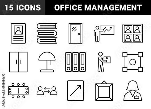 Office management line icon set. Vector pictograms of employee, door, books, presentation, folders, lamp, cabinet, meeting table, and chart, thin outline illustration.