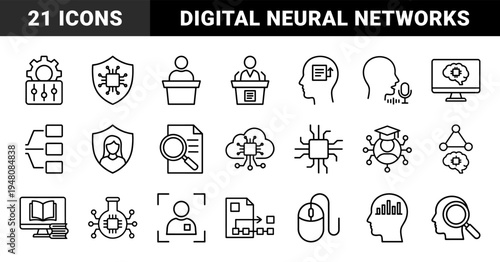 Artificial intelligence and machine learning icon set. Vector pictograms of neural networks, processors, data analysis, and digital education, thin outline illustration.