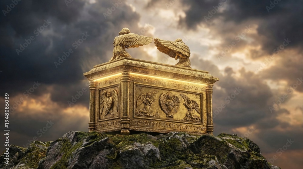 Naklejka premium Ark of the Covenant on a rocky mountaintop under a dramatic stormy sky. Ancient biblical gold chest with cherubim wings. Religious symbol of divine presence, faith and history.