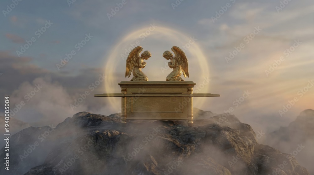 Obraz premium Ark of the Covenant with two golden kneeling angels on a rocky mountain top in fog. Biblical artifact with divine holy light. Spiritual representation of ancient religious faith.