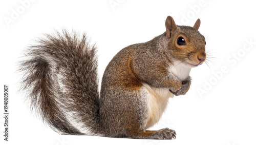 Tableau sur toile Isolated cute grey squirrel standing upright with fluffy tail, paws clasped atte