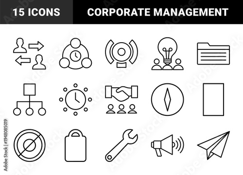 Business management icon set. Vector pictograms of lightbulb, handshake, clock, folder, compass, paper plane, and fire, thin line illustration.