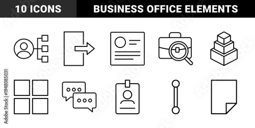 Business and office management line icon set. Vector pictograms of briefcase, resume, megaphone, avatar, chat bubbles, and documents, thin outline illustration.