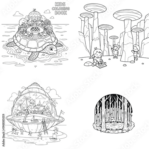 Whimsical turtle world coloring page for kids and adults with coloring book with line art