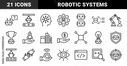Artificial intelligence and robotics line icon set. Vector pictograms of androids, brain, mechanical arm, city, rocket, shield, money, and coding, thin outline illustration.