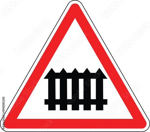 Obraz na plátně Level Crossing with Gate Warning Road Sign, European Red Triangle Traffic Symbol