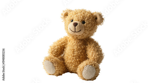 Isolated fluffy brown teddy bear sitting, soft plush children's toy, cute and cuddly animal friend