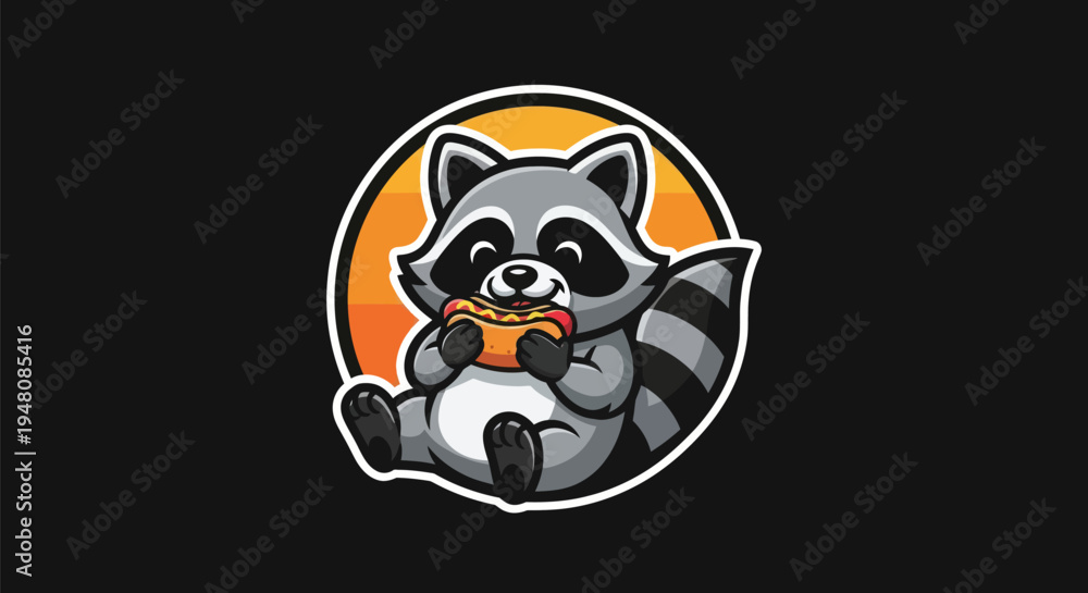 Fototapeta premium Cartoon raccoon enjoying a hot dog