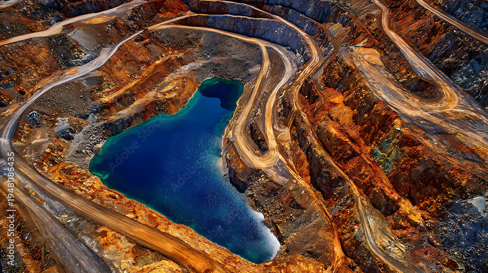 Obraz premium Aerial view of a vibrant open-pit mine with deep blue water, showing winding roads and colorful exposed earth, industrial landscape