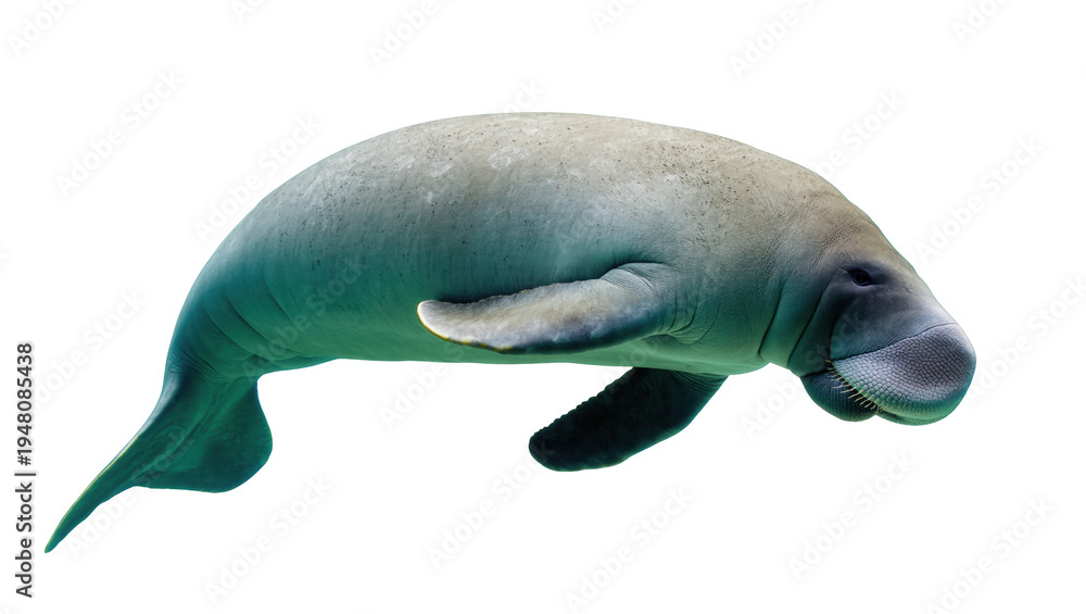 Fototapeta premium Isolated dugong, a beautiful and peaceful marine mammal swimming gracefully in the ocean