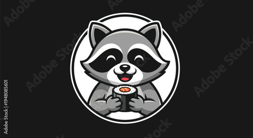 Cartoon raccoon holding sushi food