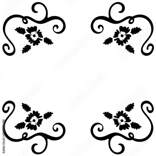 Hand drawn frame with black patterns and flowers on a white background
