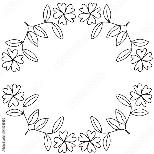 Hand drawn frame with leaves and flowers on white background
