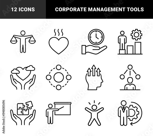 Business and office line icon set. Vector pictograms of folder, magnifying glass, lightbulb, gear, megaphone, clock, and document, thin outline illustration.