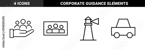 Business and navigation line icon set. Vector pictograms of people, hand, presentation, car, and lighthouse, thin outline illustration.