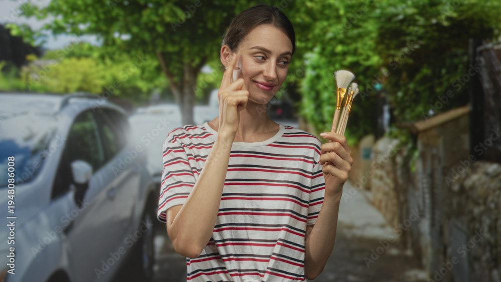 Fototapeta premium Woman holding makeup brushes points finger to cheek in street near parked car and stone wall; confidence self care.