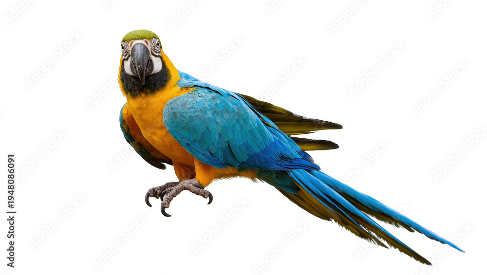 Fototapeta premium Isolated vibrant blue and yellow macaw parrot standing, tropical bird with colorful feathers