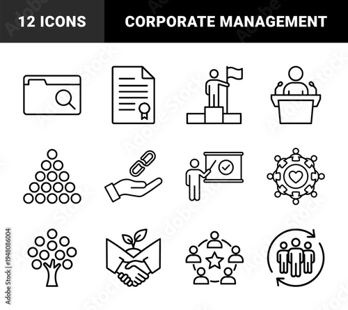 Business management and leadership icon set. Vector pictograms of podium, growth, teamwork, strategy, and collaboration, thin black outline illustration.