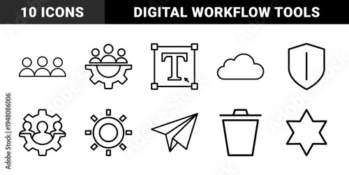 Business and interface line icon set. Vector pictograms of users, text editor, gears, cloud, sun, paper plane, shield, flag, star and trash can, thin outline illustration.