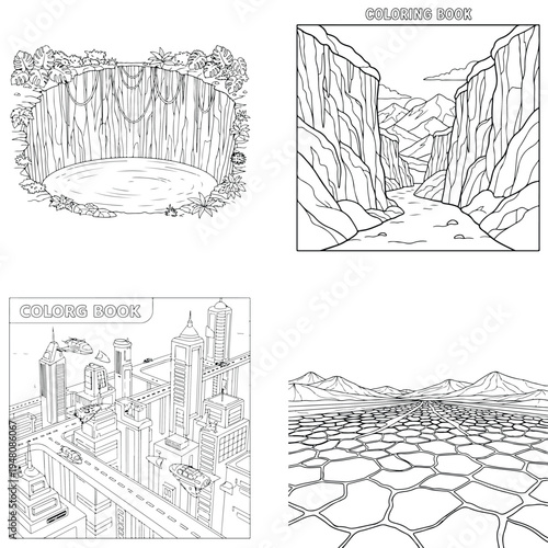 Ancient ruins in canyon with broken pillars, line art illustration, coloring book