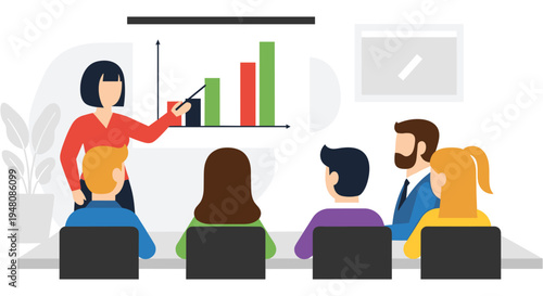 Businesswoman presenting data on graph to colleagues in meeting for corporate