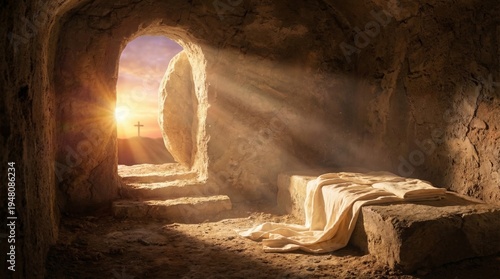 Open empty tomb of Jesus Christ with sunlight streaming through entrance. Burial cave with grave clothes. Concept of resurrection and salvation, Easter holiday, Christian religious faith.