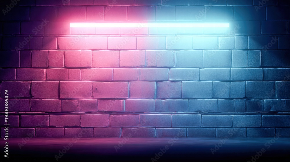 Fototapeta premium This is a neon brick wall bathed in shades of pink and blue lights, creating a modern and vibrant scene.