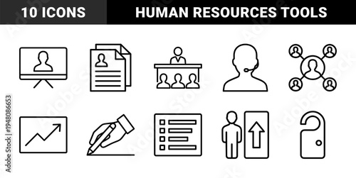 Business and human resources line icon set. Vector pictograms of recruiter, interview, resume, video call, growth chart, writing hand, checklist, and network, outline illustration.