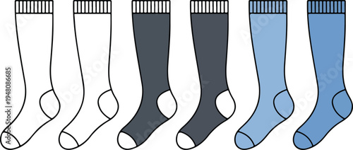Minimalist knee high socks vector icons set featuring long cotton hosiery in outline solid and blue graphic styles.