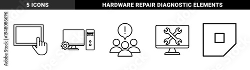Technology and computer maintenance line icon set. Vector pictograms of touchscreen, desktop pc, user support, repair service, and microchip, thin outline illustration.