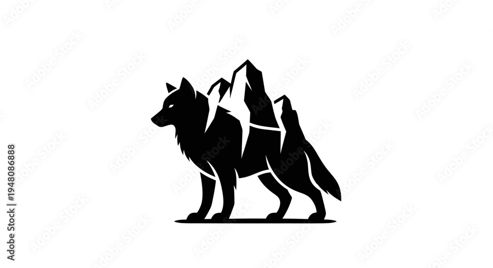 Fototapeta premium Wolf and mountain silhouette illustration