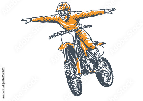 Extreme motocross stunt illustration. Dirt bike rider jumping mid-air. Hands-free freestyle trick art. Orange racing gear. Off-road motorsport.