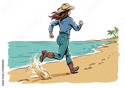 Cowgirl running on tropical beach. Woman in cowboy hat sprinting on sand. Western fashion active lifestyle. Coastal vacation. Sketch art.