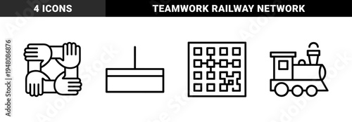 Business and transport line icon set. Vector pictograms of interlocking hands, steam train, grid network and hanging sign, thin outline illustration.
