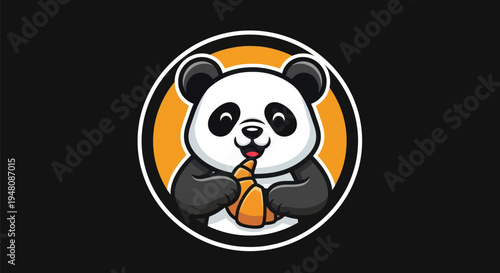 Cartoon panda holding croissant on black