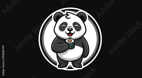 Cartoon panda holding sushi on black