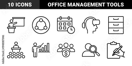 Business and education line icon set. Vector pictograms of presentation, schedule, filing, analytics, investment, and research, thin outline illustration.