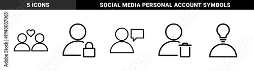 User account management line icon set. Vector pictograms of profile messaging, privacy lock, relationship heart, delete trash, and creative idea bulb, outline illustration.