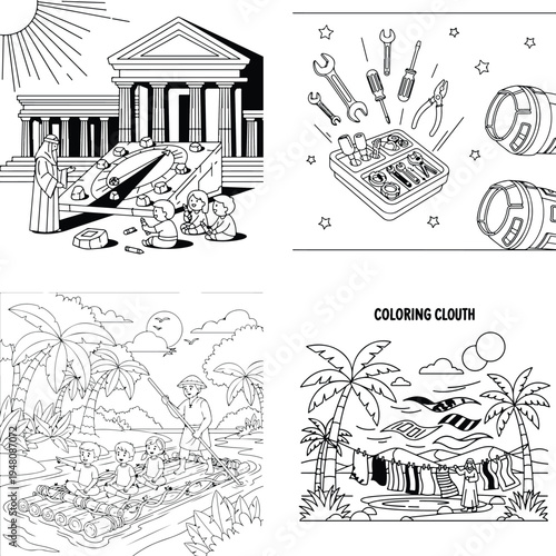 Everyday life & history coloring pages: ancient scene, tools & tropical hut, coloring book
