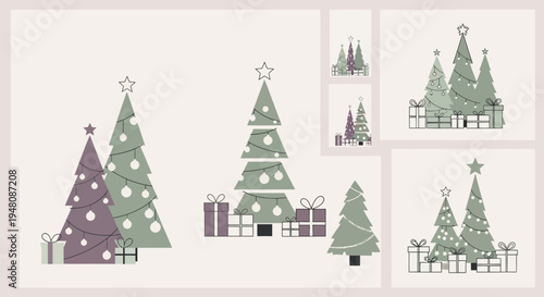 Set of Minimalist Christmas Trees and Gift Boxes for Holiday Decorations on a Light Grey Studio Background