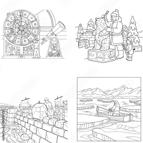 Craftsmanship & leisure coloring pages: clockwork, ice sculptures & boat scene, coloring book