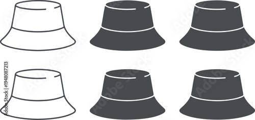Minimalist bucket hat vector icons set featuring trendy summer headwear designs in outline solid and blue graphic styles.
