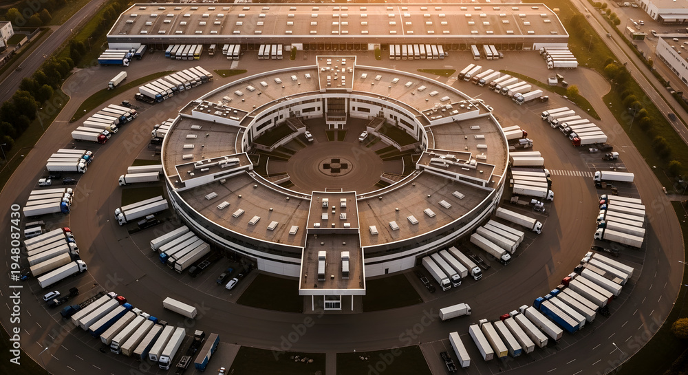 Fototapeta premium Aerial view of a unique circular logistics and distribution center at sunset, surrounded by numerous parked semi-trucks, illustrating efficient hub operations and transportation.