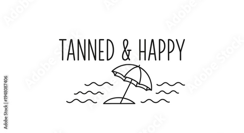 Vector beach umbrella icon with 'Tanned & Happy' text