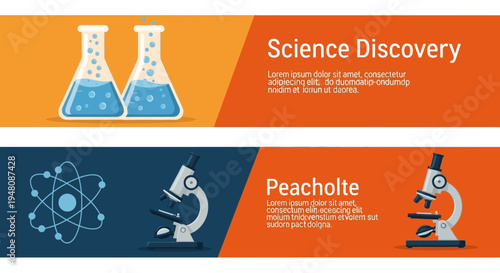 Science Discovery Banner with Test Tubes Microscope and Atomic Structure for Research and Education
