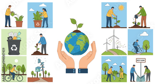Environmental Protection and Sustainability Concepts with People Planting Trees and Recycling on Green Landscape