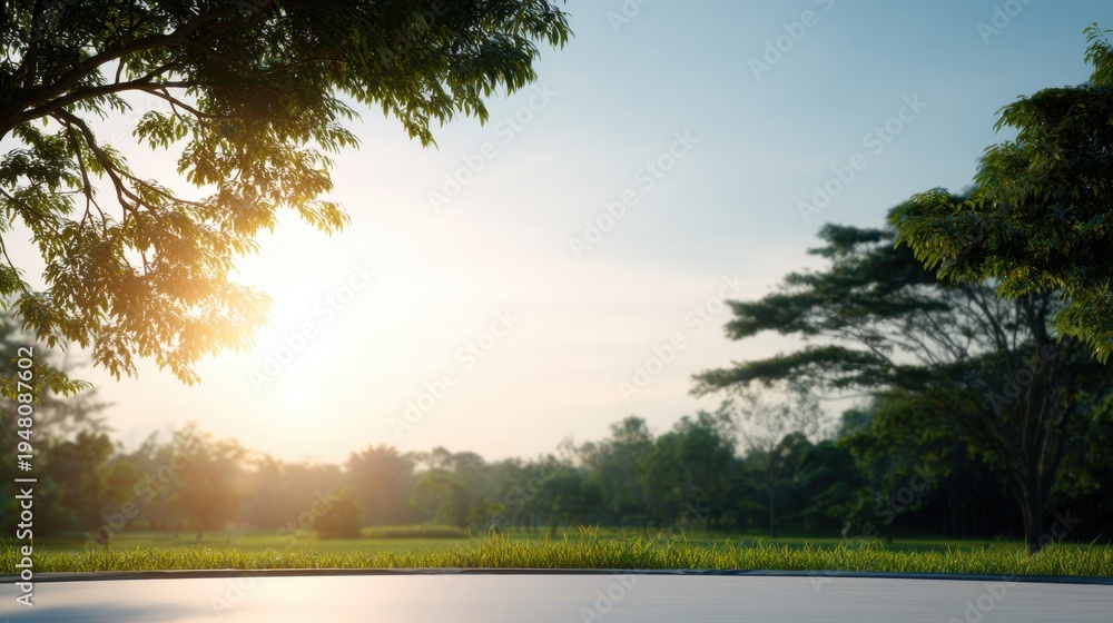 Obraz premium A serene landscape showcasing sunlight filtering through trees, illuminating grassy fields