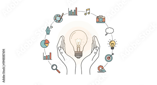 Creative idea generation concept with human hands holding a glowing light bulb surrounded by business and art icons on an isolated white background.