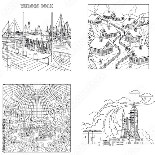 Urban & cosmic scenes coloring pages: cityscape, snowy village & rocket launch, coloring book
