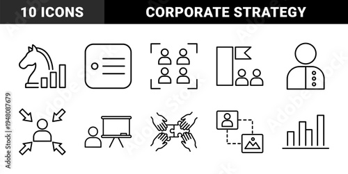Business management and strategy line icon set. Vector pictograms of chess horse, bar chart, puzzle, presentation board and team leadership, thin outline illustration.